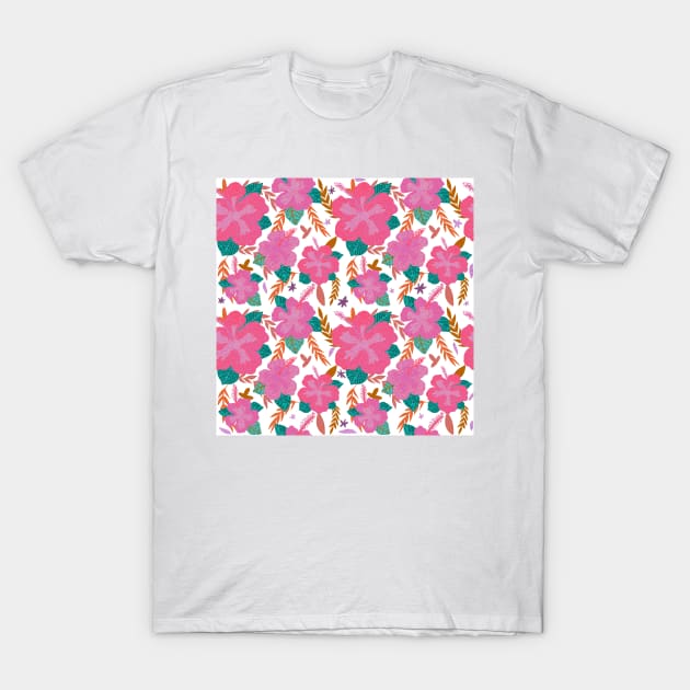 Tropical Pink Hibiscus Flower Pattern T-Shirt by traceyart